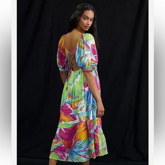ANTHROPOLOGIE / FARM RIO Rainbow Leaves Open Back Midi Dress (M) - Picture 6 of 15